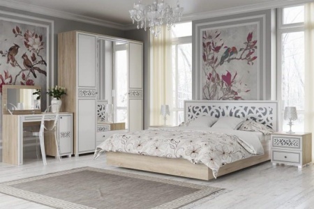 Спальный Гарнитур "Мадлен"  МДФ/Дуб Сонома+Ясень белый Эмаль + Ф/п - Серебро